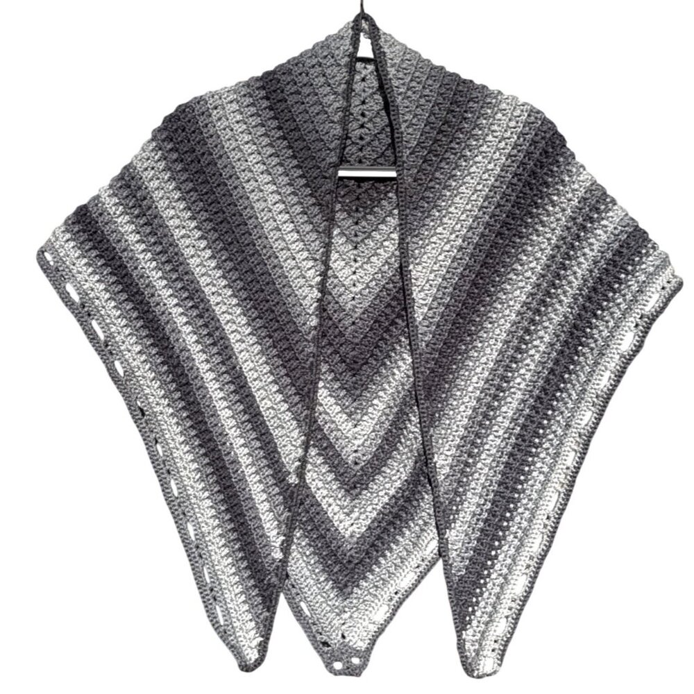 NEW Handmade Crochet Triangle Shawl 60" x 31" Gray Ombre Stripes Cotton Blend